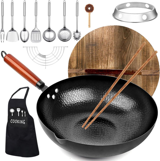 Carbon Steel Wok Pan, 14 Piece Woks & Stir-Fry Pans Set with Wooden Lid Cookwares, No Chemical Coated Flat Bottom Chinese Pan for Induction, Electric, Gas, Halogen All Stoves - 12.6''