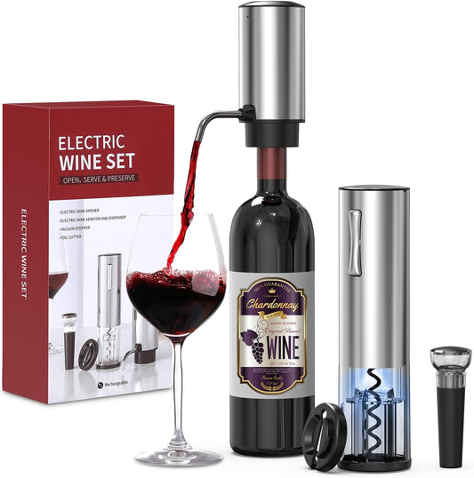 Electric Wine Opener Set, 4 in 1 Electric Wine Bottle Opener, Rechargeable Corkscrew Opener with Aerator, Foil Cutter, Vacuum Stopper, Ideal Present for Wine Lovers, Party, Wedding, Home