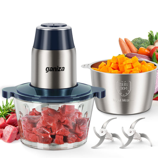 GANIZA Food Processors, Electric Food Chopper with Meat Grinder & Vegetable Chopper - 2 Bowls (8 Cup+8 Cup) with Powerful 450W Copper Motor - Includes 2 Sets of Bi-Level Blades for Fruits/Meat/Nuts