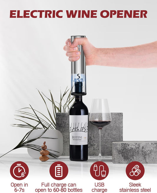 Electric Wine Opener Set, 4 in 1 Electric Wine Bottle Opener, Rechargeable Corkscrew Opener with Aerator, Foil Cutter, Vacuum Stopper, Ideal Present for Wine Lovers, Party, Wedding, Home